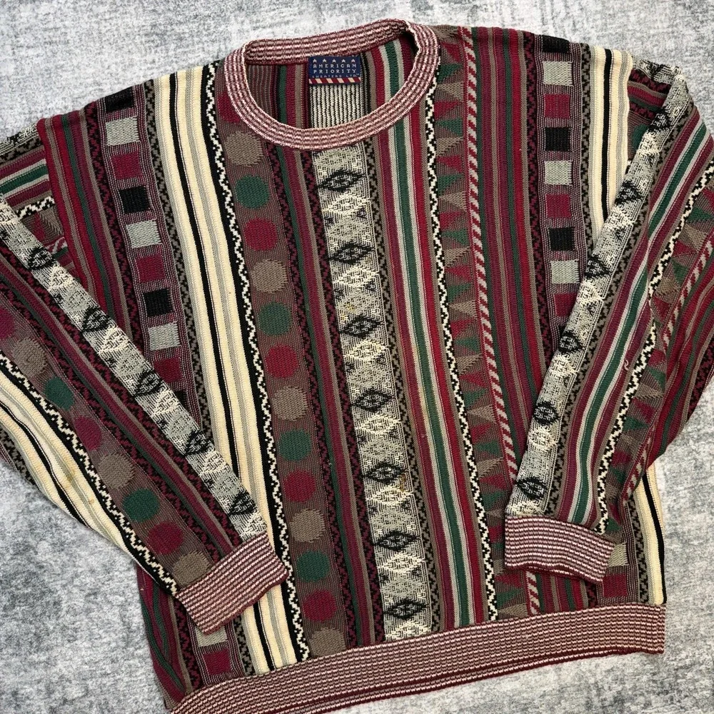 VTG American Priority Sweater 2XL 3D Knit Mosaic Coogi Style 90s Y2K Hip Hop USA